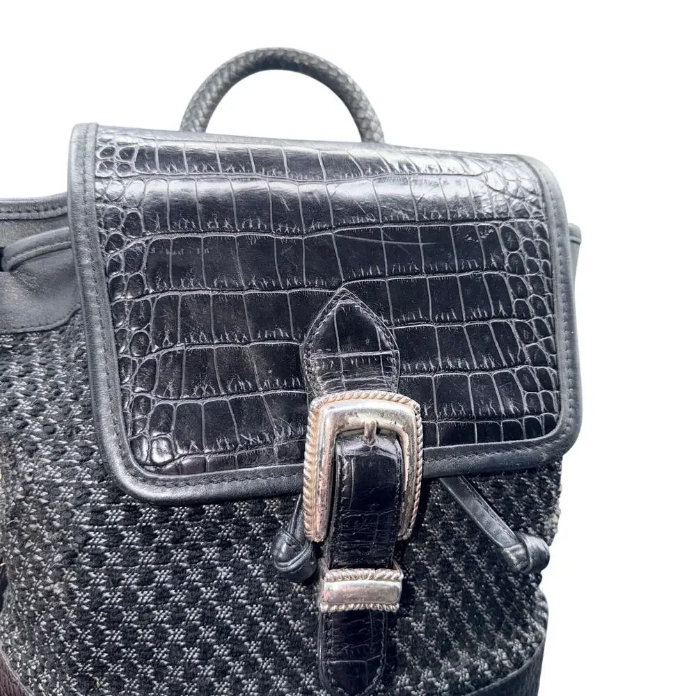 Brighton Black Leather Tweed Croc Embossed Backpack Purse Heart Charm Drawstring